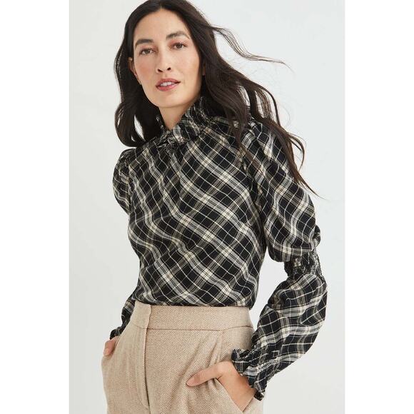 Veronica Beard Corbie Plaid Blouse Black Ecru Metallic Size 14 - Picture 1 of 6
